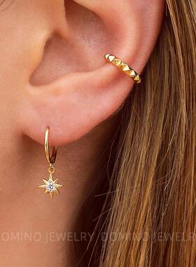 通体S925纯银耳环八芒星耳圈女星星小众设计感防过敏耳扣通勤耳饰
