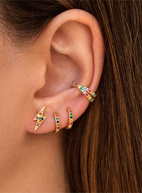 贴耳黑白彩钻耳环~925纯银女满钻耳圈养耳洞锆石耳饰气质百搭饰品