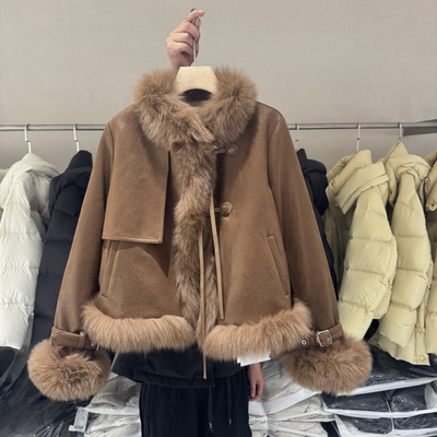 欧货2025冬装大狐狸毛领皮草羽绒服女短款小个子白鹅绒皮草外套潮