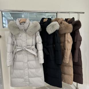 Y827欧货2025冬装新款狐狸毛领连帽过膝羽绒服长款加厚鸭绒外套女