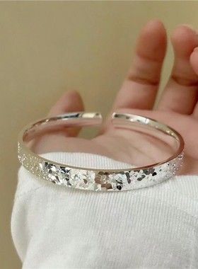 碎冰冰纯银手镯女S999足银实心开口光面银镯手环送女友情人节礼物