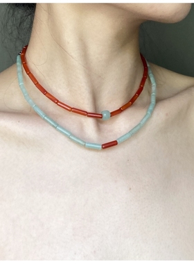 LYUMIN独立设计东陵玉红玛瑙拼接极简风中式复古玉石项链2021新款