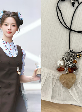 杨超越同款原创心礁珍珠爱心小众腔调长款钛钢项链新品