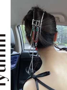 LYUMIN原创新中式个性后脑抓夹玉髓拼接流苏链条鲨鱼夹盘头发饰