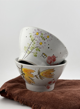 禾器手作粗陶手绘米饭碗青花斗笠餐具陶瓷釉书法文字中式碗节气碗
