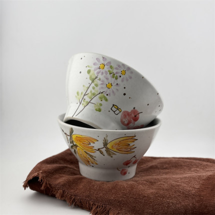 禾器手作粗陶手绘米饭碗青花斗笠餐具陶瓷釉书法文字中式碗节气碗