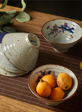 禾器手作粗陶手绘斗笠型米饭碗青花釉下彩中式餐具汤碗国风点心碗