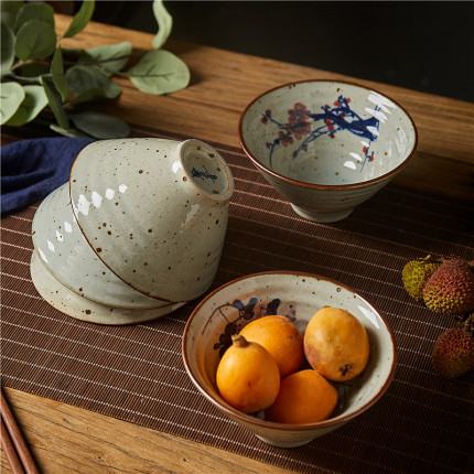 禾器手作粗陶手绘斗笠型米饭碗青花釉下彩中式餐具汤碗国风点心碗
