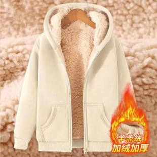 秋冬潮流女生连帽羊羔新款加绒加厚上衣保暖卫衣百搭宽松休闲外套