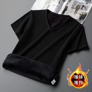 加绒加厚修身V领短袖女士T恤冬季保暖内搭纯色半袖打底衫体恤上衣