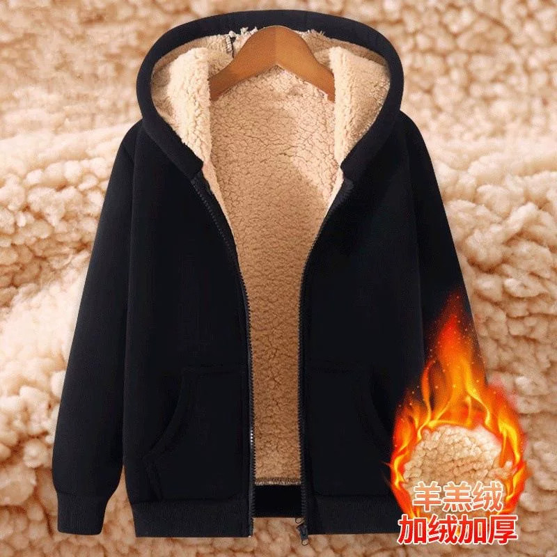 加绒加厚羊羔绒开衫秋冬季卫衣女拉链连帽保暖大码宽松休闲外套潮
