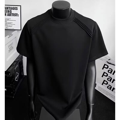 美式正肩t恤短袖女夏季冰感曼巴棉重磅弹力修身小领口体恤衫打底