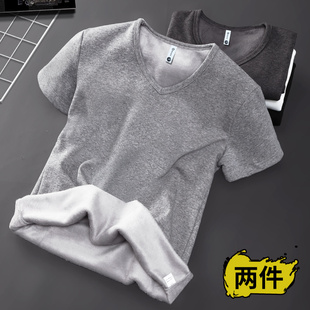 捡漏加绒加厚保暖短袖t恤女v领秋冬季纯色半袖棉打底衫秋衣服