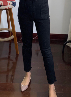 2021春夏季新款 F家黑色大口袋微喇九分直筒毛边高弹力显瘦牛仔裤