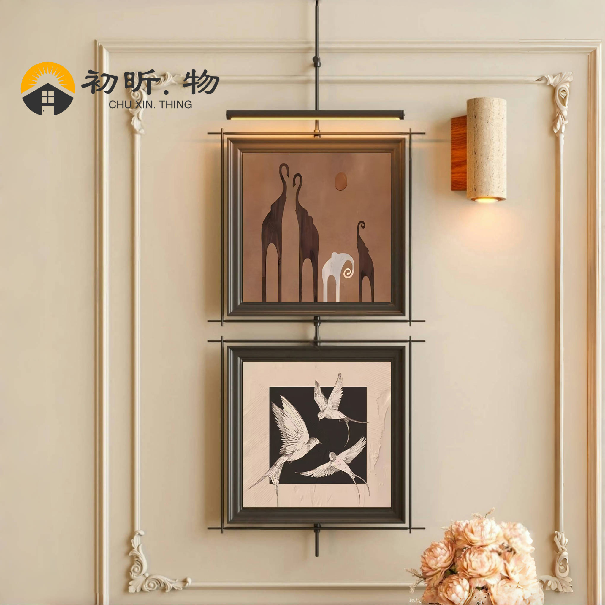 中古风装饰画发光壁画灯轻奢挂画玄关2025新款入户过道带灯挂画