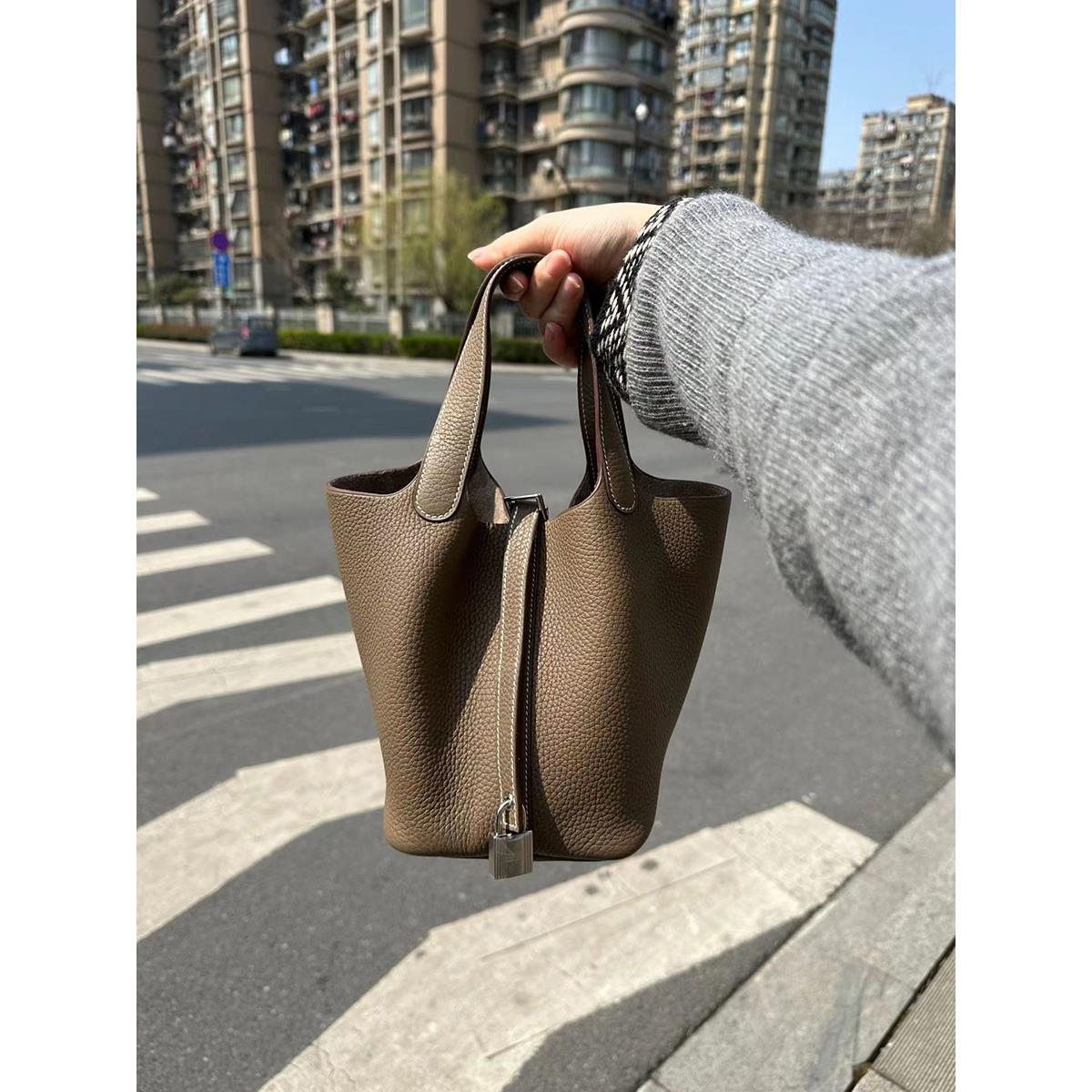 意大利picotin菜篮子包女水桶包头层牛皮大容量通勤包复古手提包