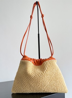 新稻草编织袋女式袋子，拉菲亚芋头橙色垃圾袋肩斜挎包，大尺寸32