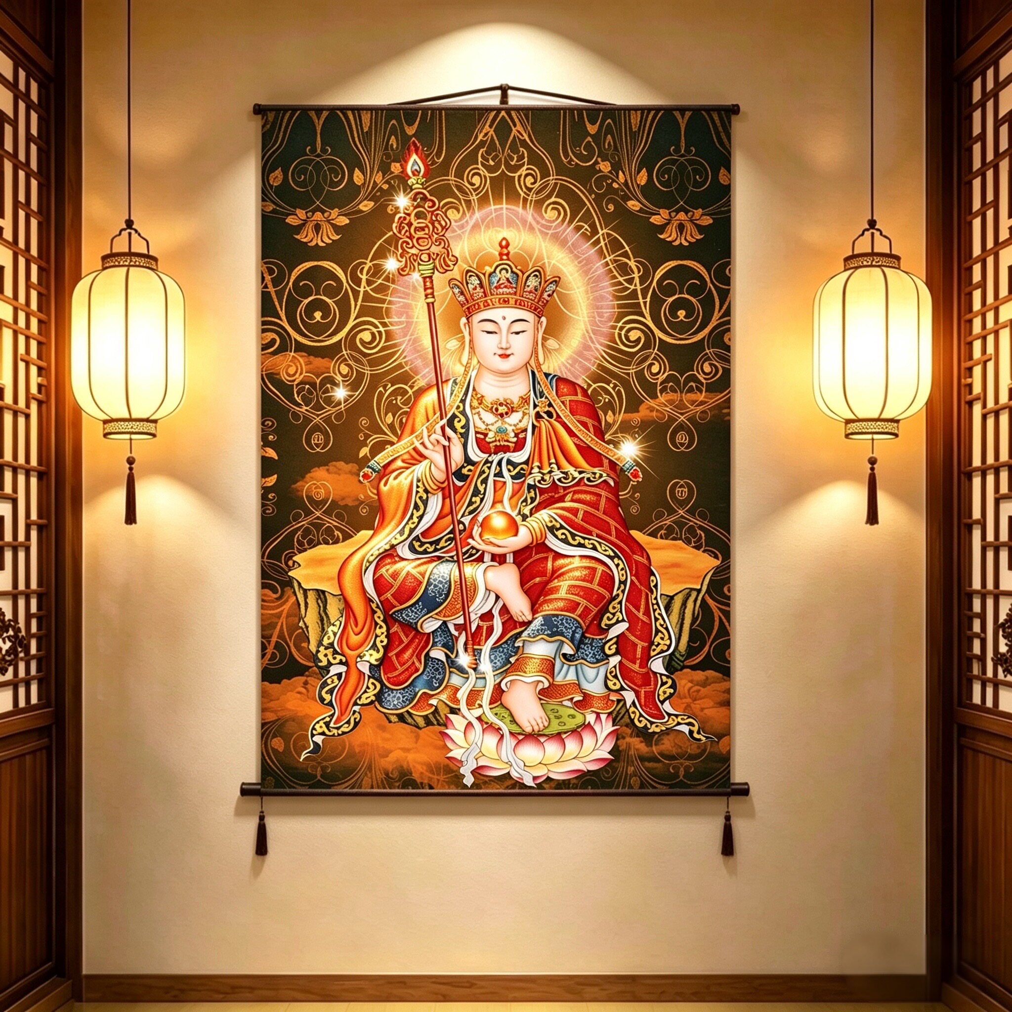 高清南无大愿地藏王菩萨画像丝绸卷轴挂画家用佛堂供奉结缘佛像画