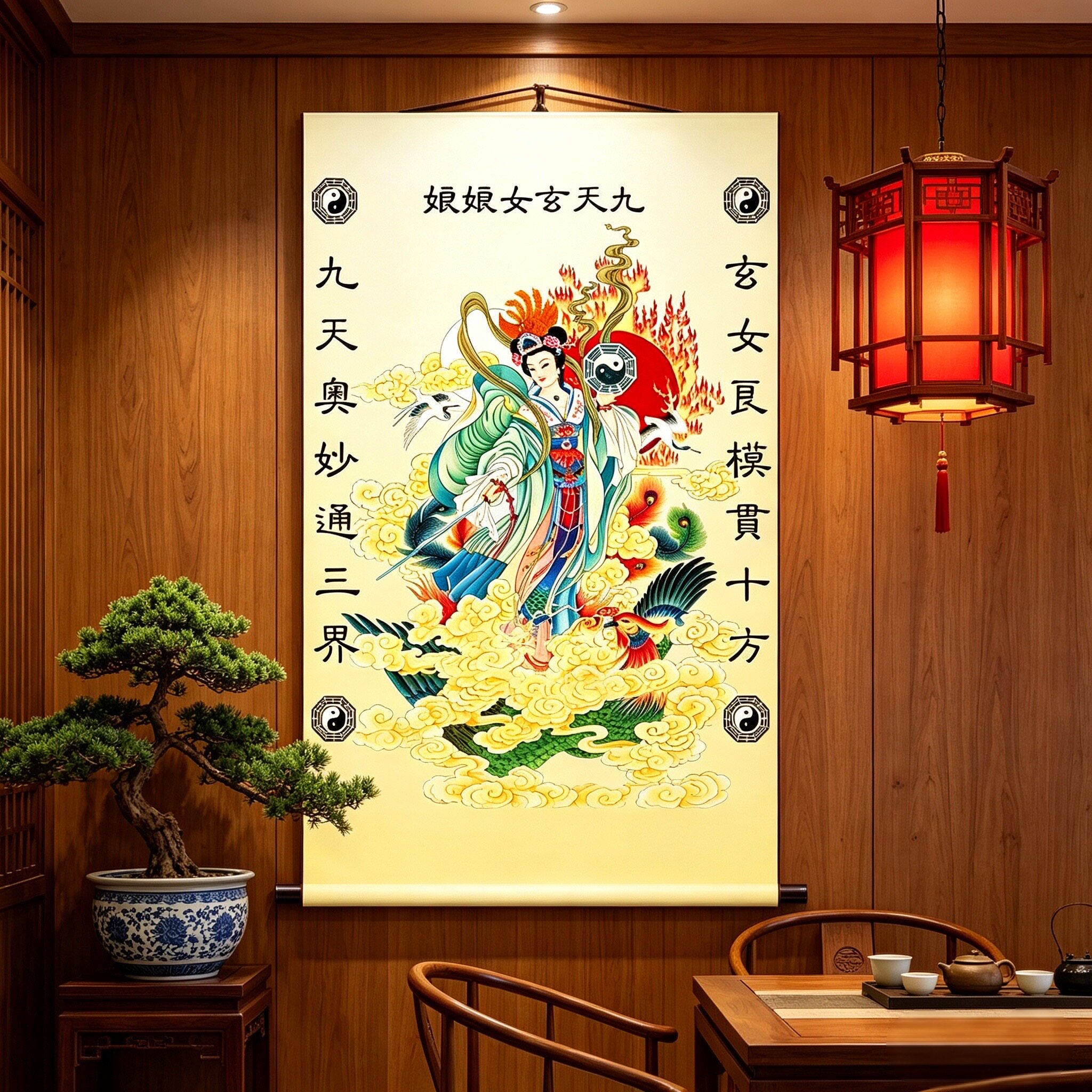 九天玄女娘娘开智慧镇宅无极元君佛堂玄关供奉客厅茶室家用风水画