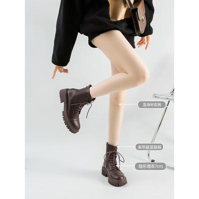 不二鞋坊马丁靴女2024年春秋单靴厚底内增高棕色英伦风瘦瘦靴短靴