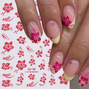 2026新年热款清新国风扶桑花枝条3D背胶指甲贴花