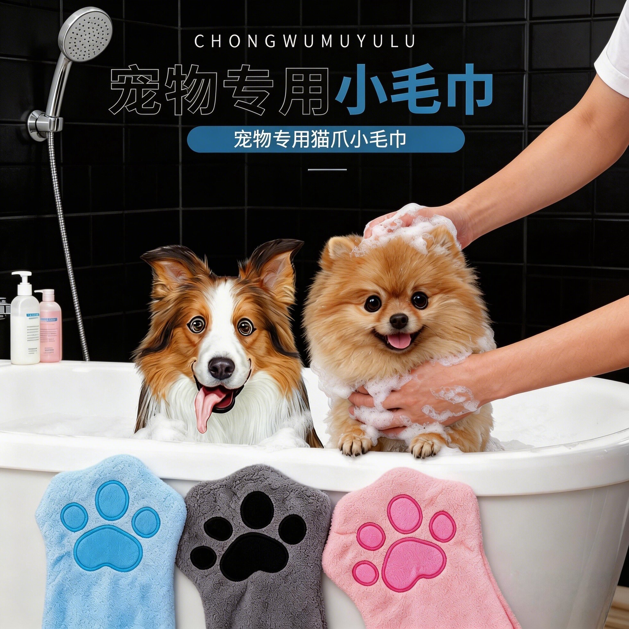 宠物印花猫爪毛巾手套狗狗猫咪洗澡清洁擦身速干吸水按摩洗澡浴巾