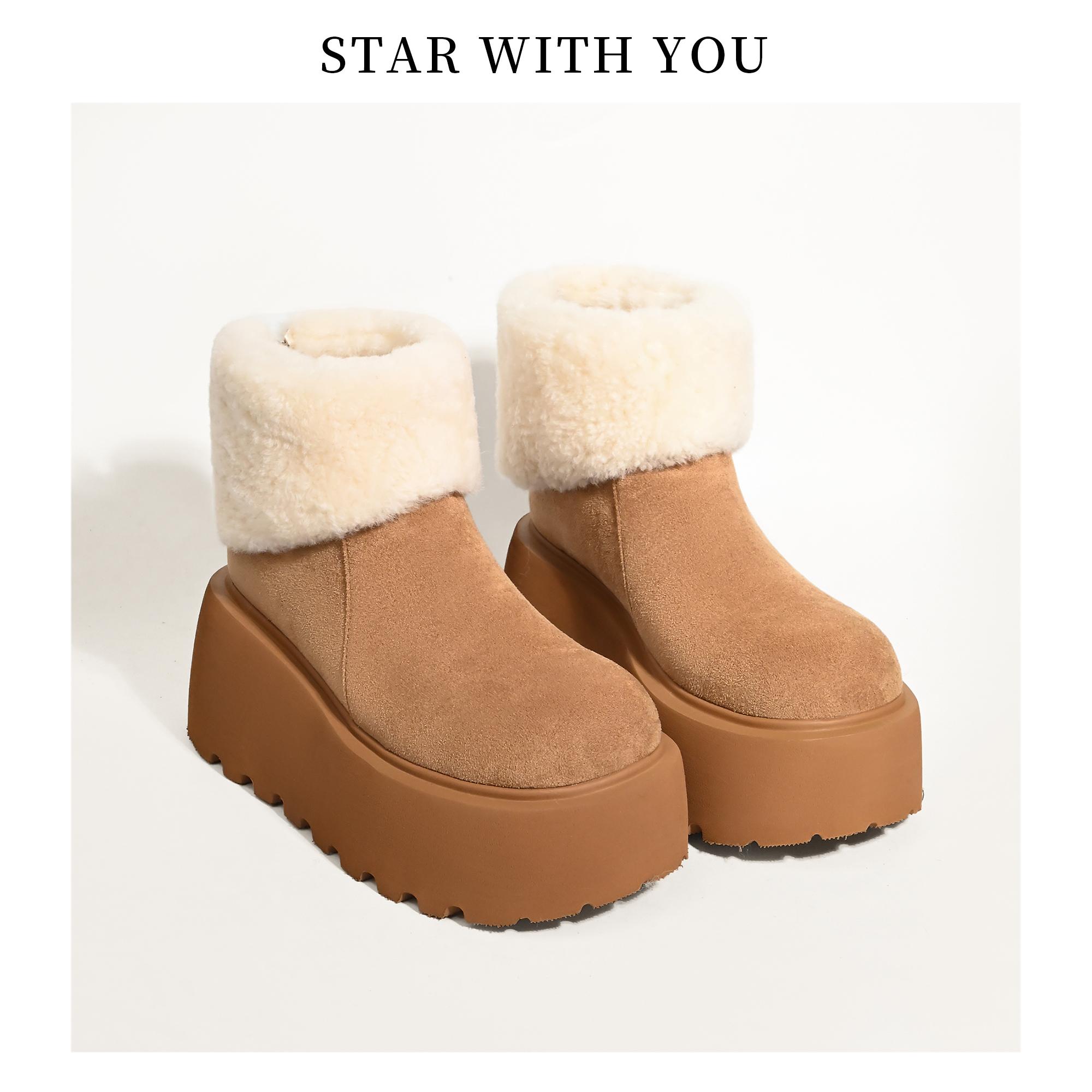 【STAR】时尚翻毛拼接厚底增高雪地靴绒面羊羔毛加厚保暖女靴8cm