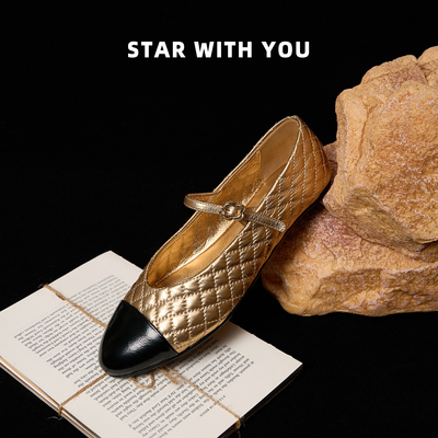 【STAR】金色法式方头女鞋粗跟春季新款真皮芭蕾鞋4CM