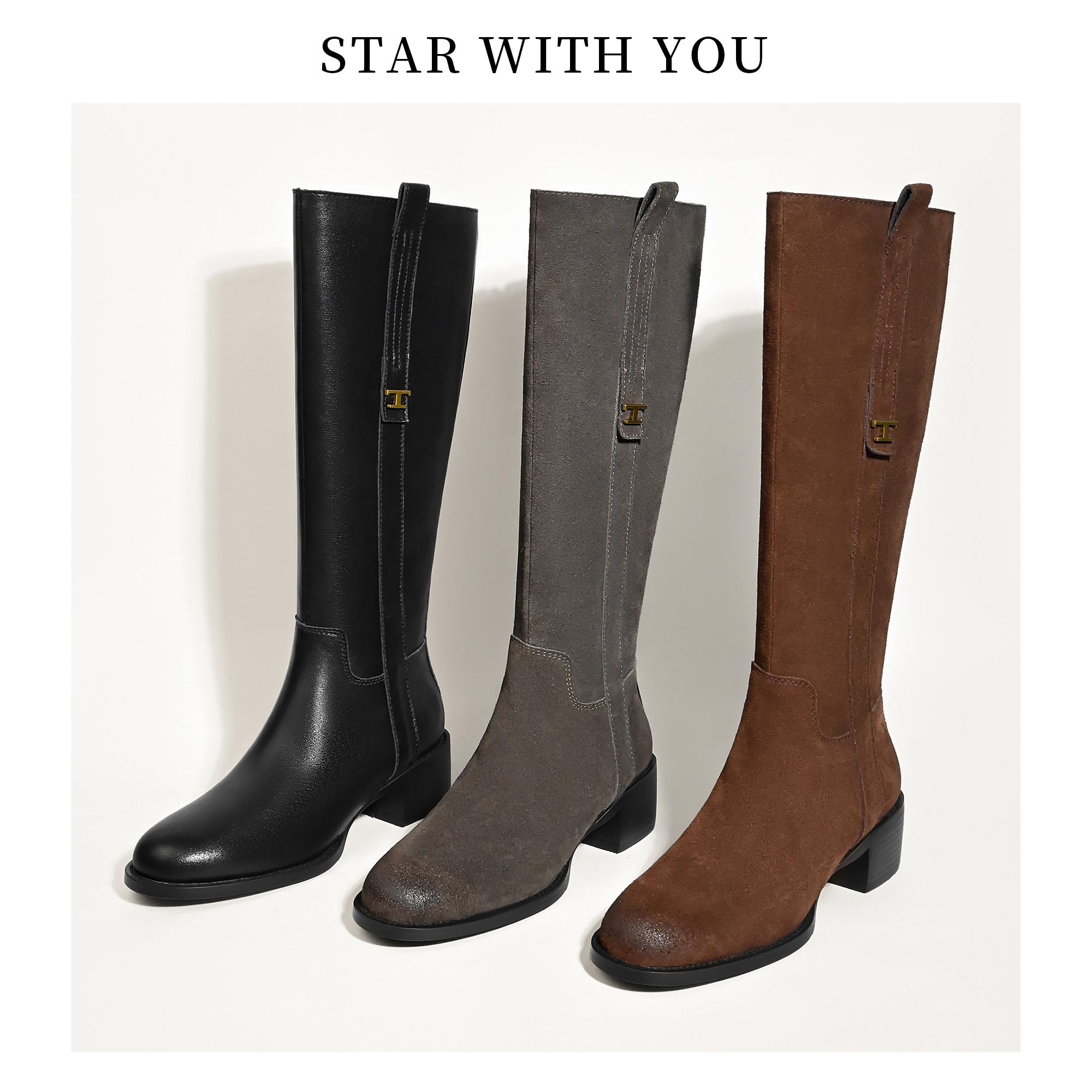 金属扣粗跟秋冬新款骑士靴