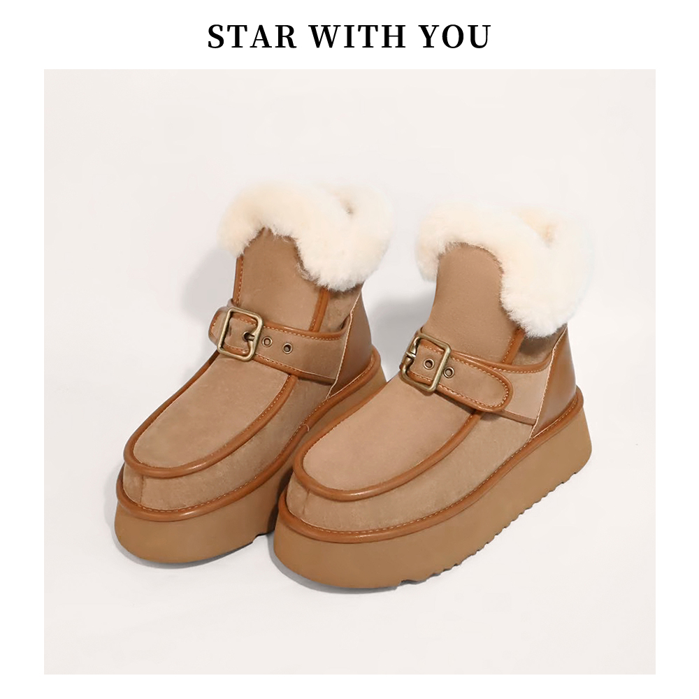 【STAR】加厚休闲皮带扣外明显新款新款简约百搭厚底雪地靴4cm