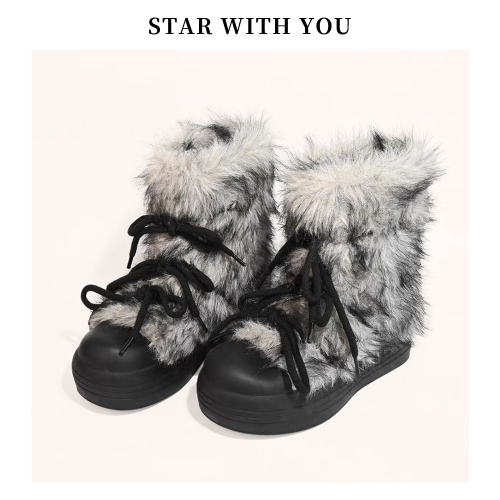 【STAR】千禧凤厚底小众定制加绒加厚保暖中筒系带雪地靴4cm