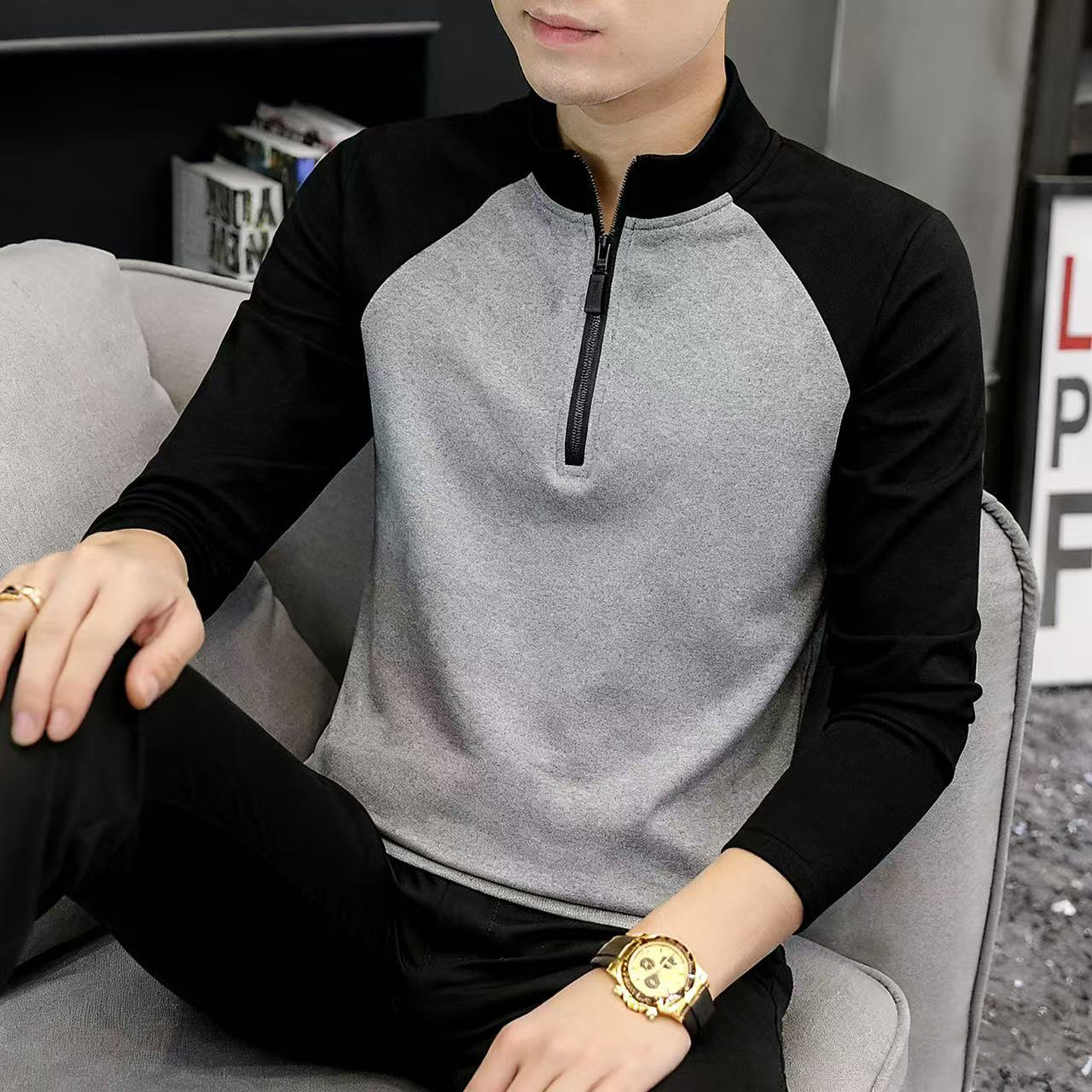 撞色打底运动t恤男半拉链训练服