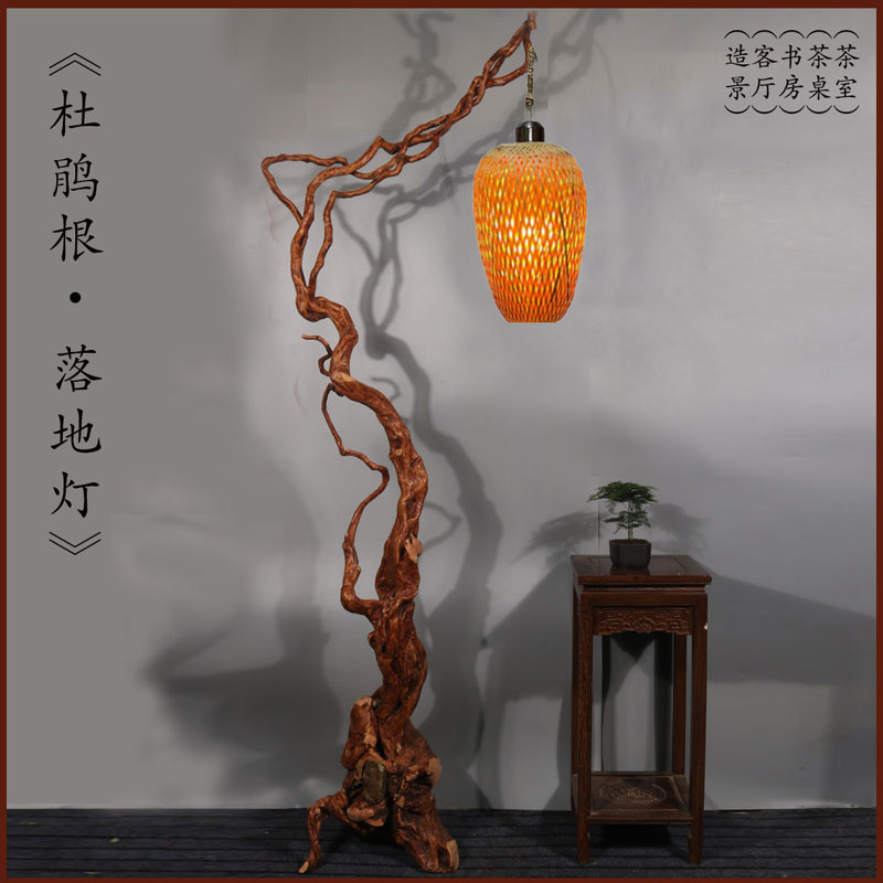 原木老树根落地灯鸟笼禅意