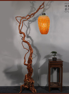 原木老树根落地灯 鸟笼架台灯 禅意实木根雕摆件民宿装饰复古天然