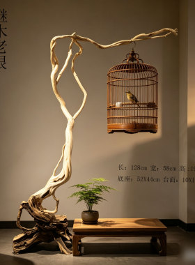 名木堂百年鸟笼架 中式田园 原木实木根雕摆件 茶室展厅 名宿造景