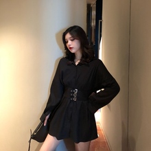 女中长款 宽松显瘦收腰外套两穿 性感衬衣长袖 韩版 2019秋冬新款 衬衫