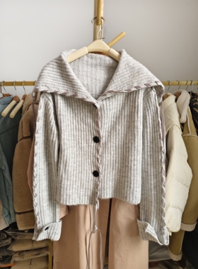 特清/灰色大翻领针织开衫女春秋毛衣外套胸围104 衣长58