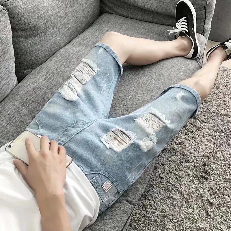 夏季薄款潮男五分裤小码26 27痞帅瘦人破洞牛仔短裤男休闲乞丐裤 - 实物图
