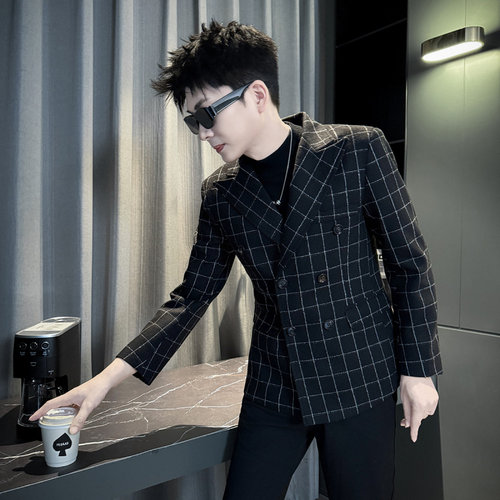 痞帅小西装外套XS小码男装春秋季矮个子时尚格子双排扣S西服上衣