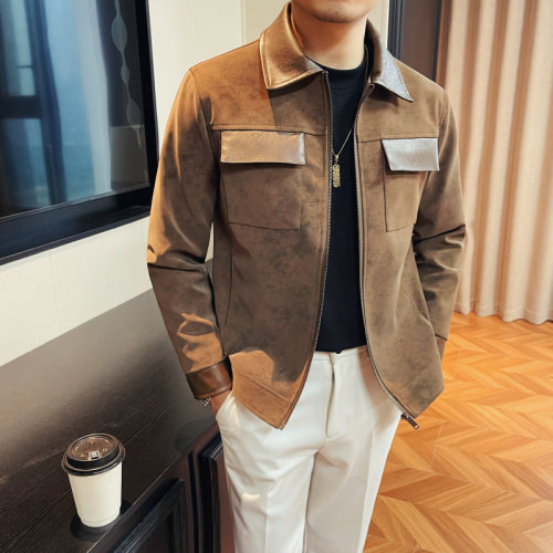 矮个子小码男装潮流复古拼接翻领皮衣XS码S号秋冬季磨砂哑光外套