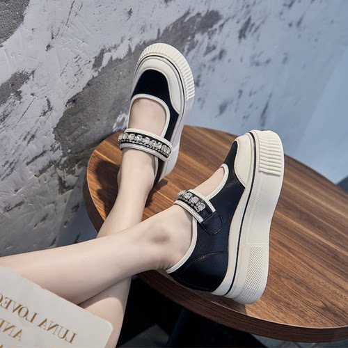 真皮厚底内增高水钻玛丽珍鞋女