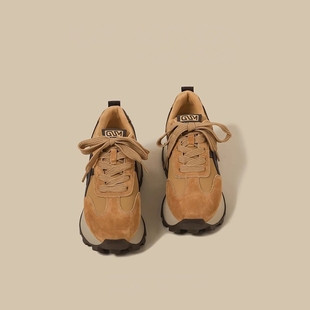 厚底阿甘鞋女2026秋冬季新款棕色加绒32小码内增高华夫运动老爹鞋