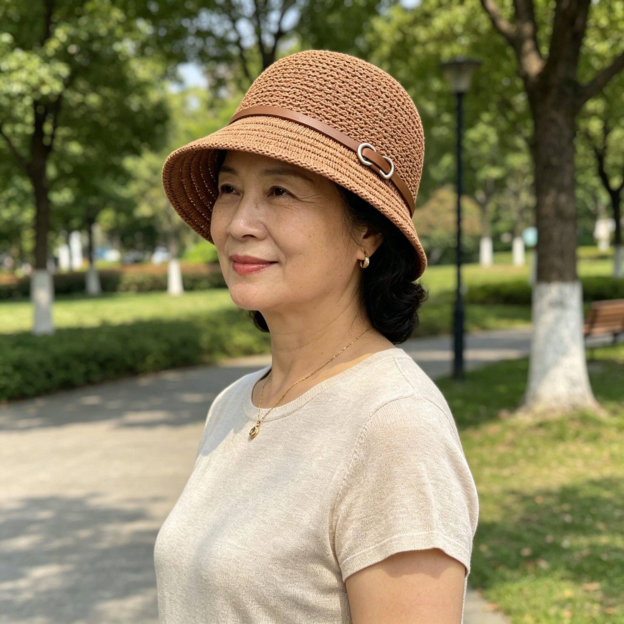 中老年渔夫帽子女夏户外防晒可折叠显脸小盆帽百搭海边针织遮阳帽