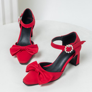 绒面公主COS女鞋 包头蝴蝶结凉鞋 子性感春夏OL 45特大码 7CM高跟40