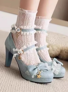 启明星仙女春秋蕾丝高跟蝴蝶结洛丽塔lo鞋亮片茶会一字扣单鞋蓝色
