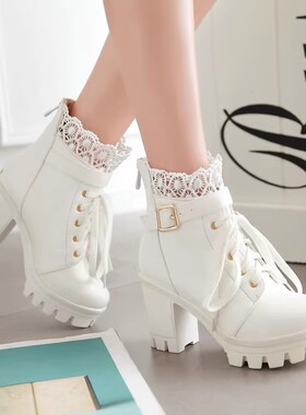 短靴女靴秋冬蕾丝学生马丁靴高粗跟白黑色厚底洛丽塔系带百搭性感
