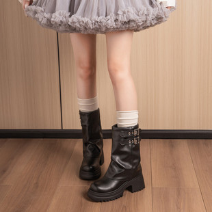 7.5CM暗黑系40-45大码秋冬厚底辣妹JK复古高跟COS中筒女靴子帅气