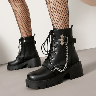40-44大码秋冬厚底链子朋克辣妹马丁靴帅气暗黑系COS哥特风女靴子