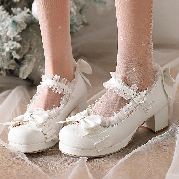 30-48超大码ita甜美蕾丝蝴蝶结少女学生单鞋皮鞋公主高跟萝莉粗跟