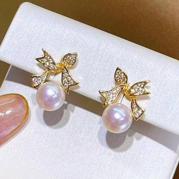 夏日甜美天然淡水珍珠耳钉ins小众设计s925银针蝴蝶结耳钉高级感